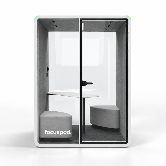 FocusPod Duo front view in Arctic White with optional two-person bench seating and shared table, and FocusPod logo on the lower left glass.