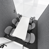 FocusPod Max top-down interior view of six grey meeting chairs around a long white meeting table.