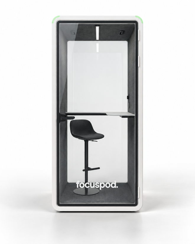 FocusPod Solo in Arctic White, front view with glass door and white FocusPod logo