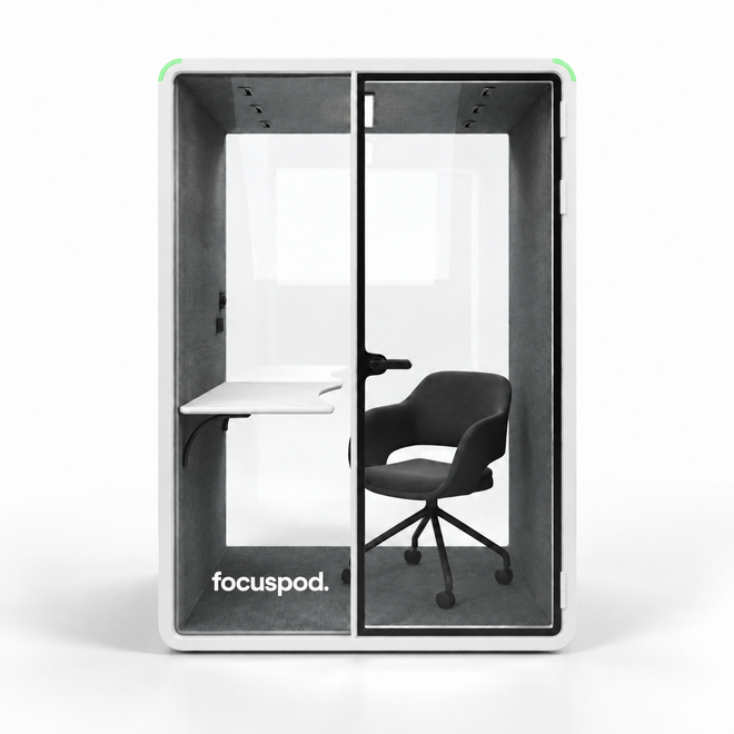 FocusPod Solo Plus front view in Arctic White with optional ergonomic chair and desk, and FocusPod logo on the lower left glass.