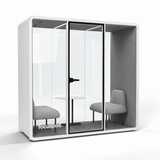 FocusPod Team front-left angled studio view showing its shallow side profile and optional furniture.
