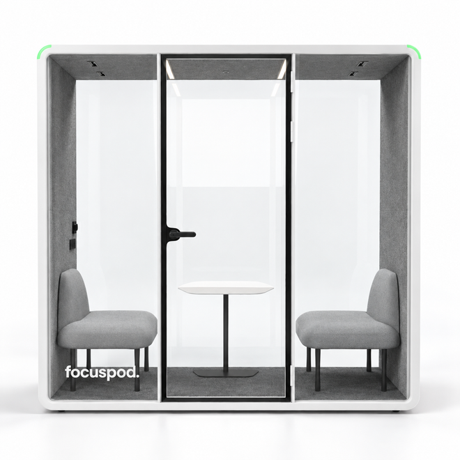 FocusPod Team front studio view with optional two-seat furniture package and low left glass logo.