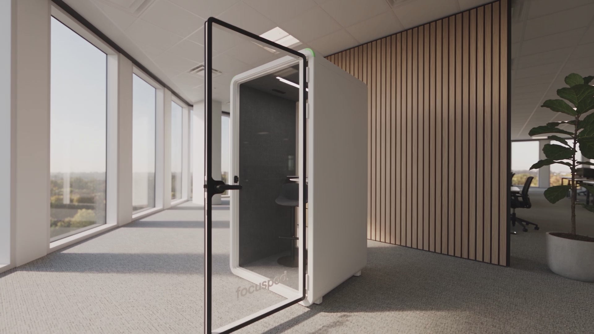 FocusPod Solo product film — furniture layouts, exterior and interior finishes, lighting, ventilation, power and magnetic soft-close door.
